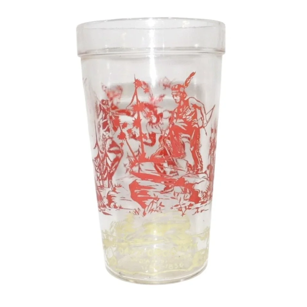 Vintage Davy Crockett Glass Jelly Jar Tumbler Red Yellow Graphics 1950s Western